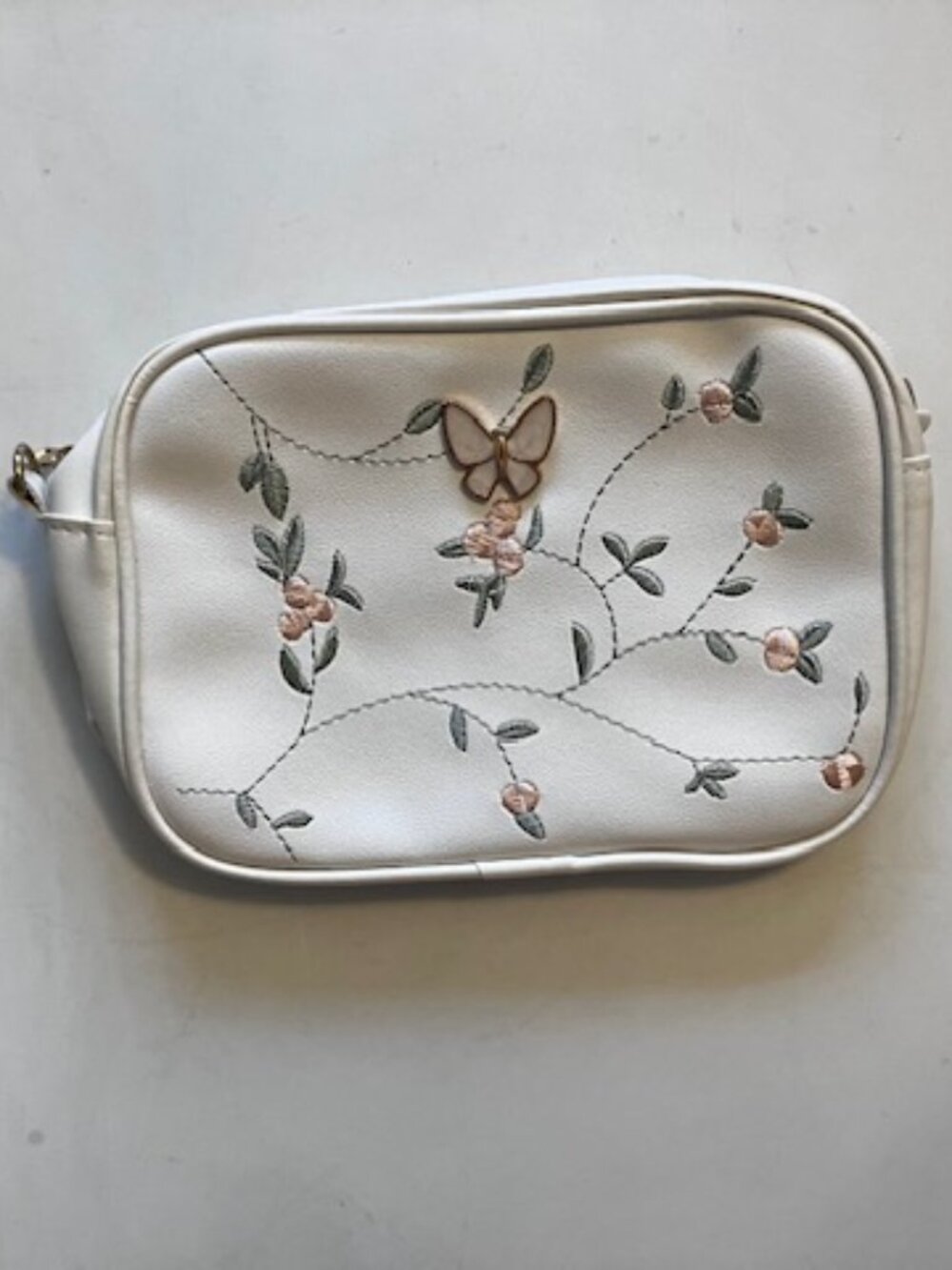 Floral Embroidered Crossbody Purse or Cosmetic Bag with Butterfly Pin NWOT
